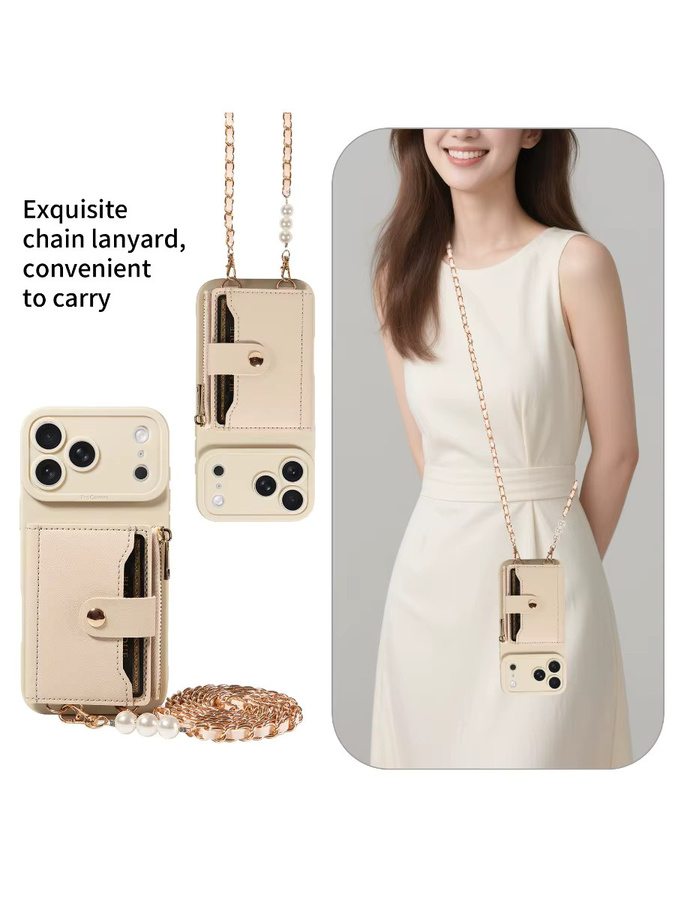 EAACAA Leder-Handyhülle für iPhone mit Spiegel und perlenbesetztem Riemen, stoßfeste Schutzhülle in Schwarz oder Beige - Bild 4