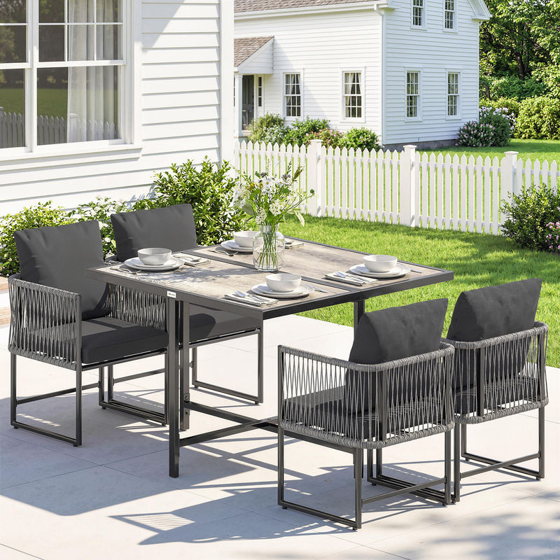 Outsunny Polyrattan Gartenmöbel Set 5-teilig mit Tisch und 4 Stühlen in Grau und Schwarz für Garten Balkon und Terrasse - Bild 2