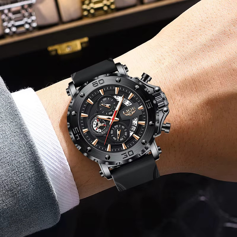 LIGE Herrenuhr, Quarz, Silikonarmband, Schwarz, Stoppuhr - Bild 4
