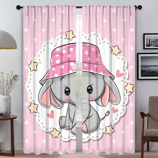 Zweiteiliges Elefanten-Fenster Vorhang Set in Pink, halbtransparentes Stoff-Paneel für Wohnzimmer oder Küche, B: 50 cm, H: 70 cm - Bild 1