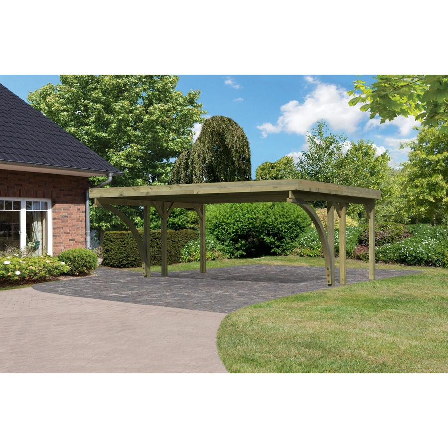Karibu Doppelcarport Classic 1 mit zwei Einfahrtsbögen und StahlDach, B/T: 563 x 395 cm, natur-gruen - Bild 2