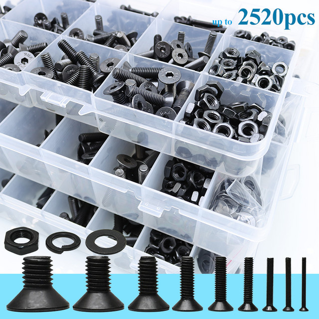 YMAX Innensechskantschrauben Set aus Kohlenstoffstahl G10,9 mit Flachkopf, M2 bis M6 inklusive Muttern und Unterlegscheiben - Bild 1
