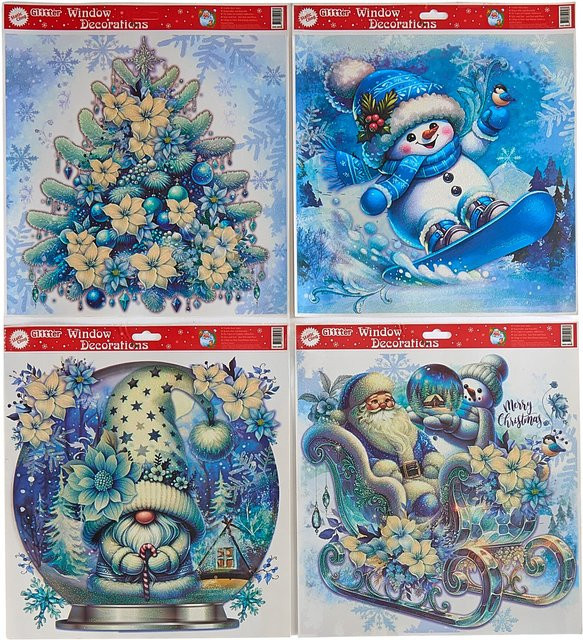 viva domo Fenster-Sticker Winter-Glitter mit Weihnachtsmann, Schneemann, Wichtel und Tannenbaum, 4 Stück, mehrfarbig - Bild 1