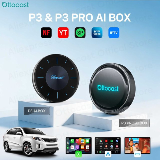 Ottocast P3/P3PRO Kabellose Android Auto und CarPlay AI Box mit HDMI-Ausgang, Android TV, WLAN und Bluetooth in Schwarz - Bild 1
