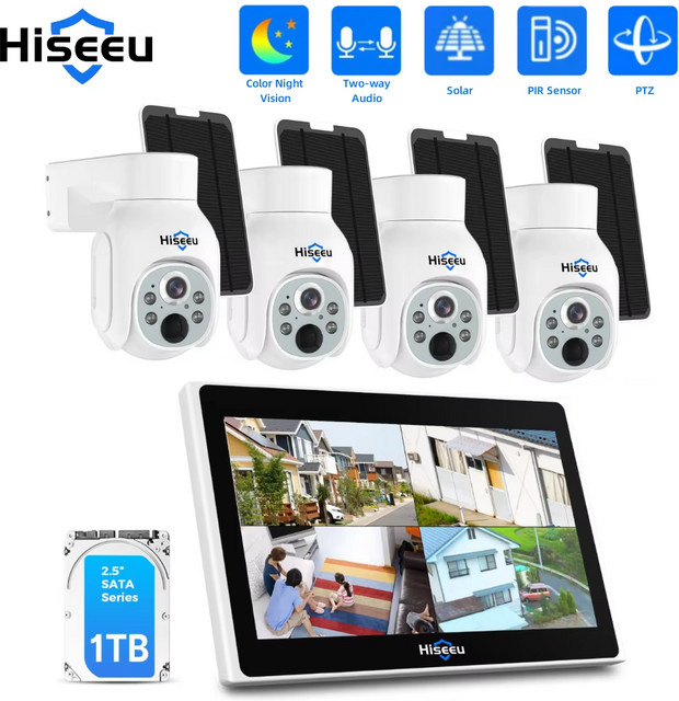Hiseeu 10CH NVR WLAN PTZ Solar IP-Kamerasystem-Set in Weiß mit 4MP Auflösung, Farbnachtsicht und Menschenerkennung - Bild 1