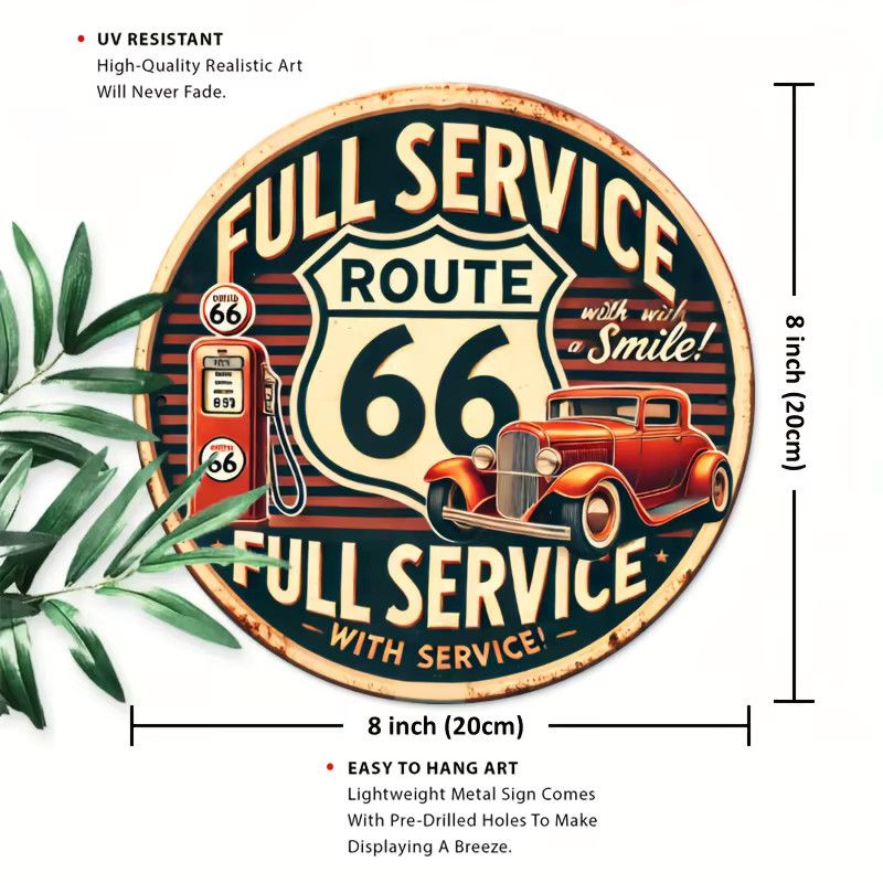 Potdemiel Retro Route 66 Full Service Aluminium-Wandkunstschild mit Auto- und Streifenmustern - Bild 2