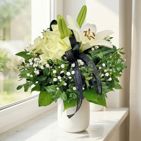 Edelweiß Arrangement Lily Rose Greenery Mixed White Round Sympathy and funeral