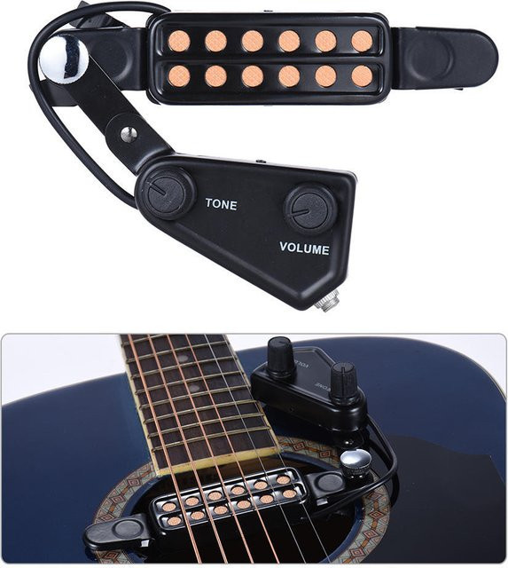 Musica 12-Loch-Schallloch-Tonabnehmer für Akustikgitarre, magnetischer Wandler mit 3,5 mm Jack, Schwarz - Bild 1