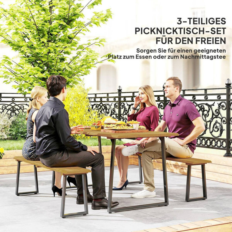 Outsunny 3-teilige Sitzgruppe aus Tannenholz in Braun für 6 Personen mit Esstisch und 2 Bänken, B/H/L: 178 x 76 x 77 cm - Bild 4