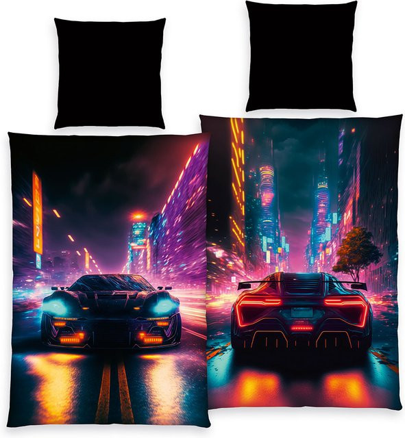 Herding Neon Car Bettwäsche Set Multicolor mit Reißverschluss aus Polyester für Teenager, B/H: 80 x 80 cm und B/H: 135 x 200 cm - Bild 1