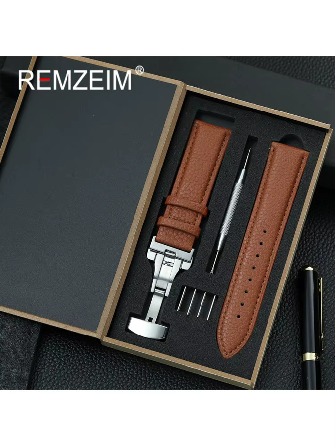 REMZEIM Uhrenarmband Litschi-Maserungsleder, Silber, Unisex - Bild 2