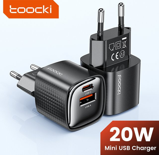 Toocki 20W GaN USB Mini-Ladegerät mit Dual-Port PD Schnellladung, USB-C, Schwarz - Bild 1