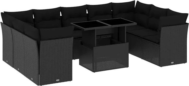 vidaXL 10-teilige Garten-Sofagarnitur in L-Form aus Poly-Rattan mit Kissen, Schwarz - Bild 1