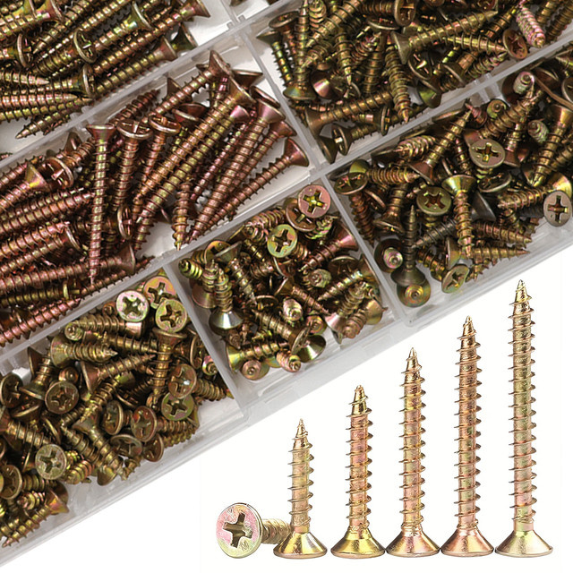 MIVM Holzschrauben-Set M3.5 M4 aus Stahl, Farbverzinkt in Gold, Phillips-Kopf Senkkopfschrauben, Selbstschneidende Metall- und Trockenbauschrauben - Bild 1