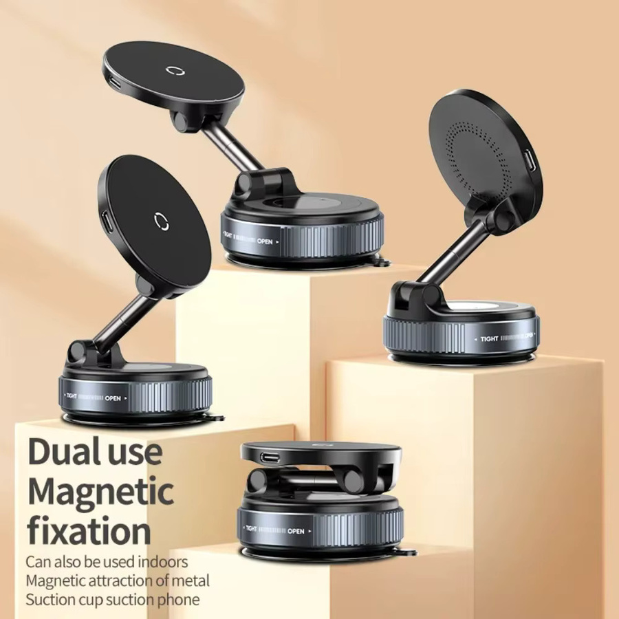 VIKEFON Magnetischer kabelloser Ladegerät-Telefonhalter für das Auto mit 360 Grad Rotations-Vakuum-Saugnapf in Schwarz für iPhone 16 15 14 13 12 Schnellladestation - Bild 4