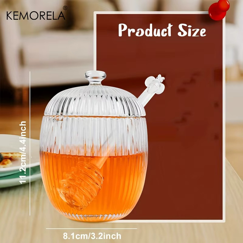 KEMORELA Honigglas aus Glas mit Deckel und Schöpflöffel, transparent gestreift, 230 ml - Bild 6
