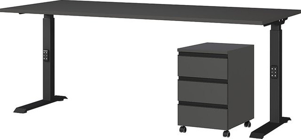 KADIMA DESIGN Büromöbel Set 2-teilig bestehend aus höhenverstellbarem Schreibtisch und Rollcontainer in Graphit Matt, B/T: 180 x 80 cm