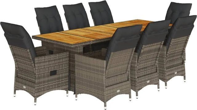 vidaXL 9-tlg Garten-Bistro-Set aus grauem PE-Rattan und Akazienholz mit Kissen - Bild 1