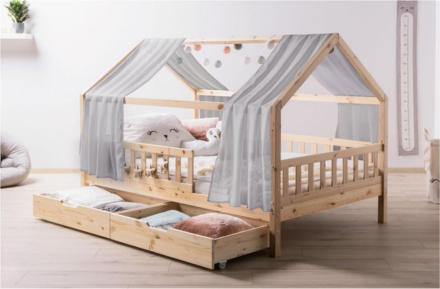 TiCAA Kinderbett Hausbett Kim aus Kiefer Massivholz mit Tüll und Schubladen in Natur und Weiß, Montessori Bett für Kinder inkl. Rolllattenrost und Rausfallschutz - Bild 1