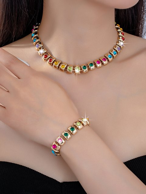 Schmuck-Set Armband und Halskette, Gold, Messing, Diamant, Kristall, Damen - Bild 1
