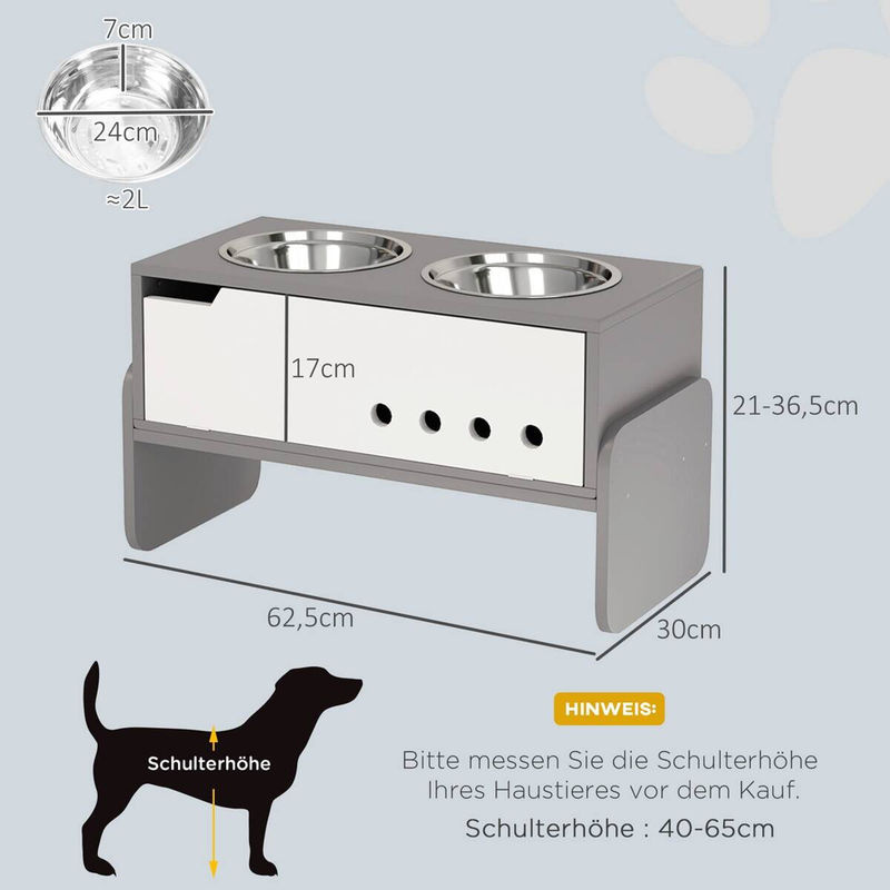 PawHut Erhöhter Hundenapf in Grau mit 2 x 2l Edelstahl-Schüsseln, 3 Stufen höhenverstellbar, inklusive Anti-Schling-Matte und Stauraum, für mittelgroße bis extra große Hunde - Bild 4