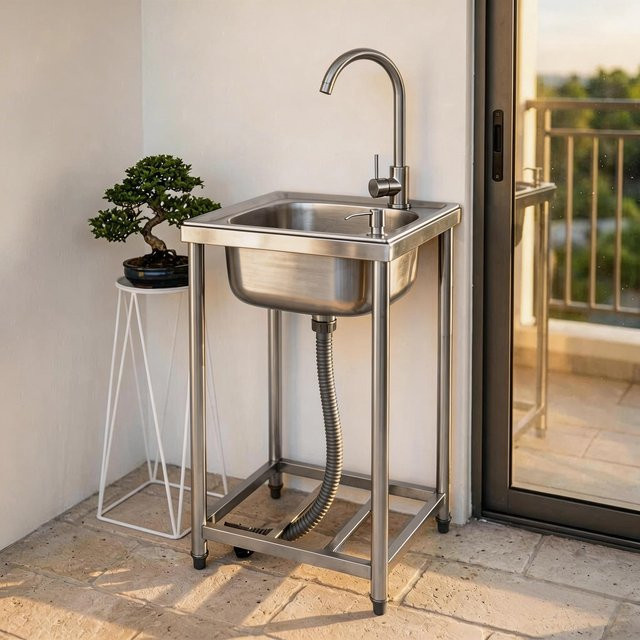 SUFAPRE Multifunktionale freistehende Edelstahl-Spüle in Silber mit Einhand-Warm-Kalt-Wasserhahn, integriertem Abfluss und komplettem Rohrleitungsset, B/T/H: 80,0 x 40,0 cm - Bild 1