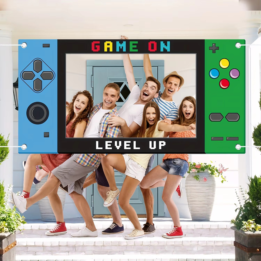 OURFETE Game On Level Up Fotobox-Rahmen mit Gamepad-Design für Videospiel-Geburtstagspartys, Mehrfarbig, Breite: 180 cm, Höhe: 90 cm - Bild 2