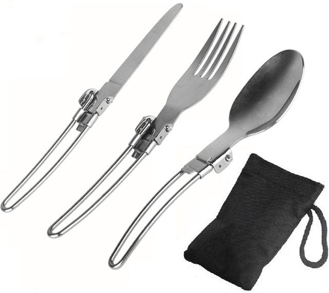 Igeteck 3-teiliges Camping-Besteck-Set aus Edelstahl in Silber mit Etui, bestehend aus Klappmesser, Gabel und Löffel - Bild 1