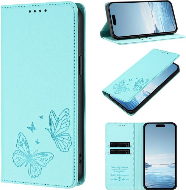 Leder Klappbrieftasche Hülle für Cubot Note 60 in Türkis mit Schmetterlings Prägung und Kartenfächern - Bild 1
