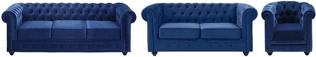 Vente-unique Couchgarnitur Chesterfield aus Samt in Königsblau bestehend aus 3-Sitzer-Sofa, 2-Sitzer-Sofa und Sessel, B/T/H: 205 x 82 x 165 cm - Bild 1