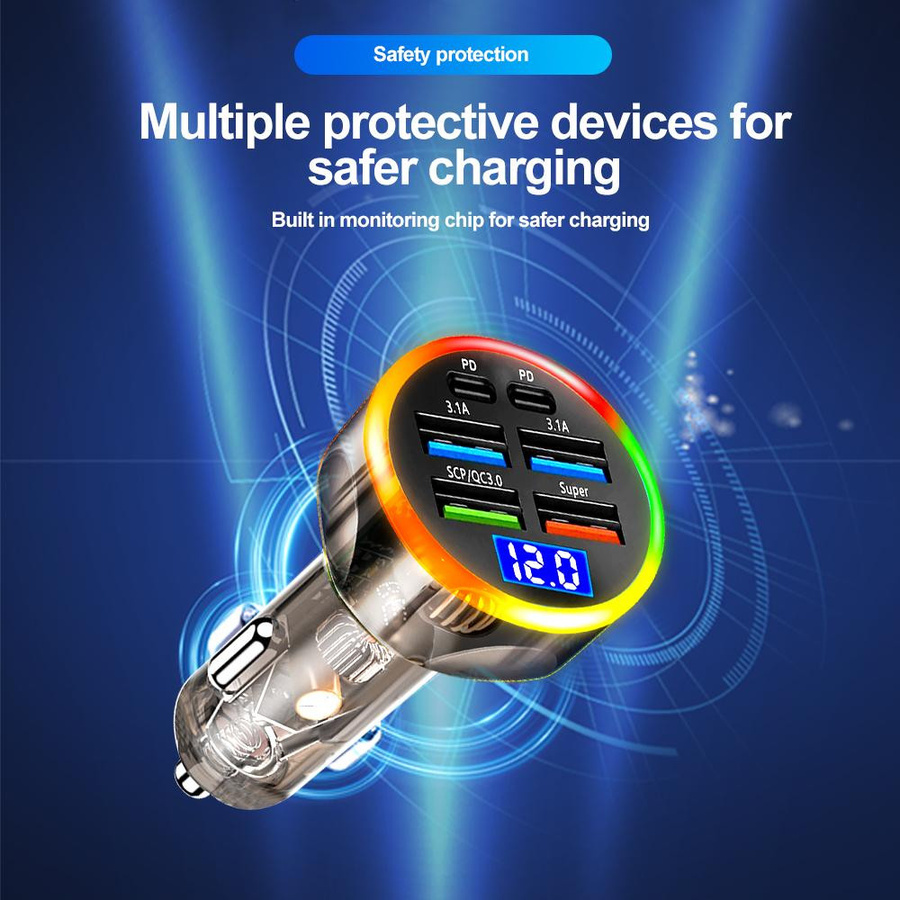 YJMP Auto Parts 200W Autoladegerät mit 6 Ports, PD QC3.0 Schnellladegerät für USB-C, Schwarz - Bild 7