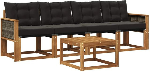 vidaXL Outdoor-Sofagarnitur aus massivem Akazienholz mit Textilene und Kissen in Natur und Schwarz - Bild 1