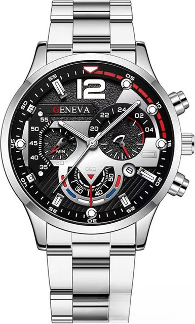Armbanduhr Herren, Edelstahl, Quarz, Schwarz, Silber, Datum, Leuchtzeiger - Bild 1