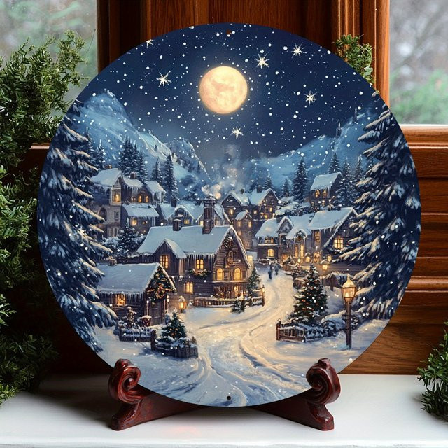 Potdemiel Vintage Rundes Metallschild Winternacht Schnee Dorf Szene Wandbehang Mehrfarbig Durchmesser: 20,32 cm - Bild 1