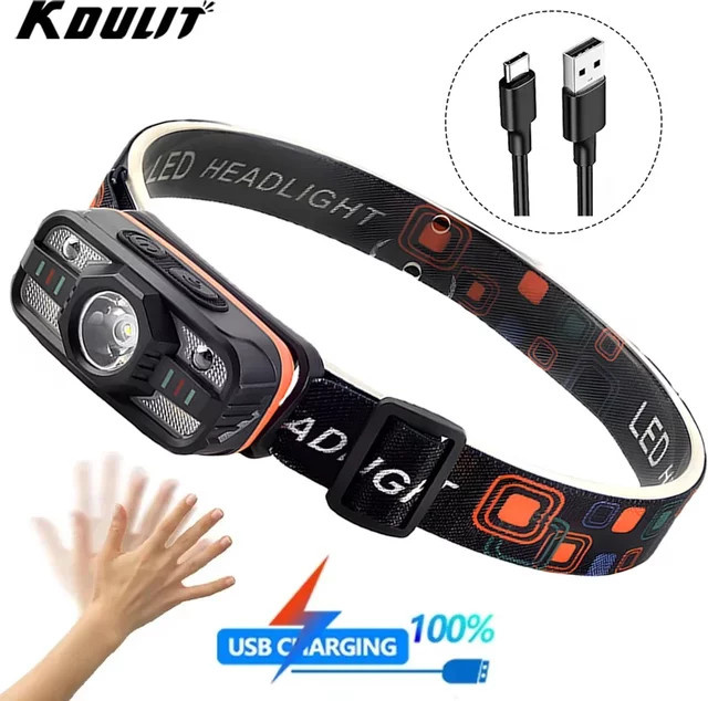 KDULIT Wiederaufladbare LED-Stirnlampe mit Bewegungssensor in Schwarz für Outdoor, Camping und Garten - Bild 1