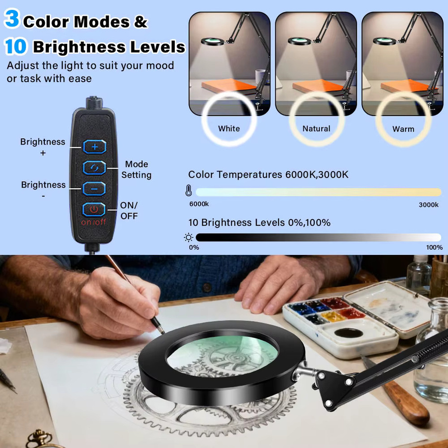 LED Schreibtischlampe mit 10-facher Lupe und Klemme in Schwarz, dimmbar mit 3 Farbmodi, Echtglaslinse und Schwenkarm für Home Office und professionelle Aufgaben - Bild 5