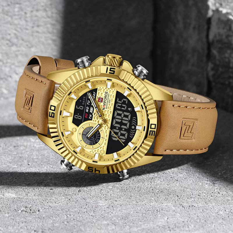 NAVIFORCE Armbanduhr, Herren, Quarz, Chronograph, Gold, Leder, Rund - Bild 5