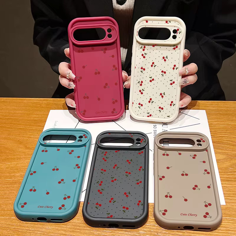 MOESOE Handyhülle mit Kirschmuster für Google Pixel 10 9 8 7 Pro XL und 9A 8A 7A, stoßfeste TPU Softcover in Schwarz - Bild 3