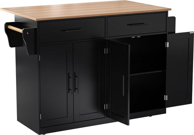 TG Electrical DE Servierwagen mit klappbarer Tischplatte, 2 Schubladen und Doppeltüren in Schwarz und Naturfarbe, B: 136 cm, H: 91,5 cm, T: 46/71 cm - Bild 1