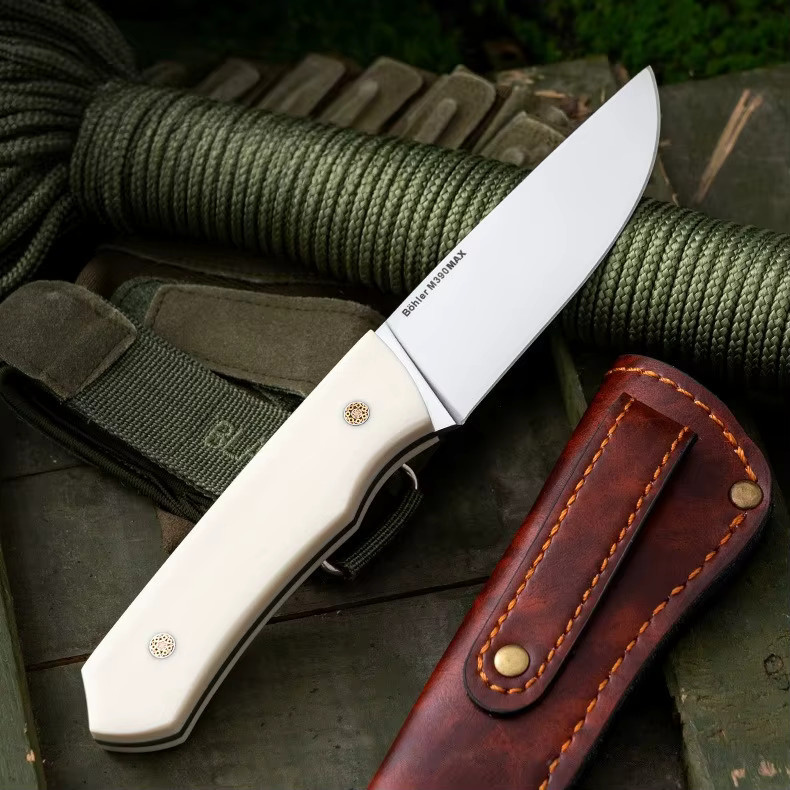 Messer mit M390 Stahl und Knochengriff in Silber und Weiß, skandinavisches Design, spiegelpoliert - Bild 2