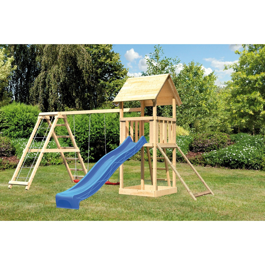 Karibu Spielturm Lotti aus Fichtenholz in Blau mit Doppelschaukel, Netzrampe, Klettergerüst und Rutsche - Bild 2
