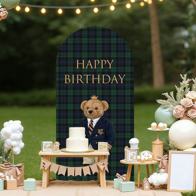 Mehofond Hintergrund mit Bären-Motiv und grünen Karos für Jungen-Geburtstage oder Baby-Showers, 2-seitig gestaltet - Bild 1