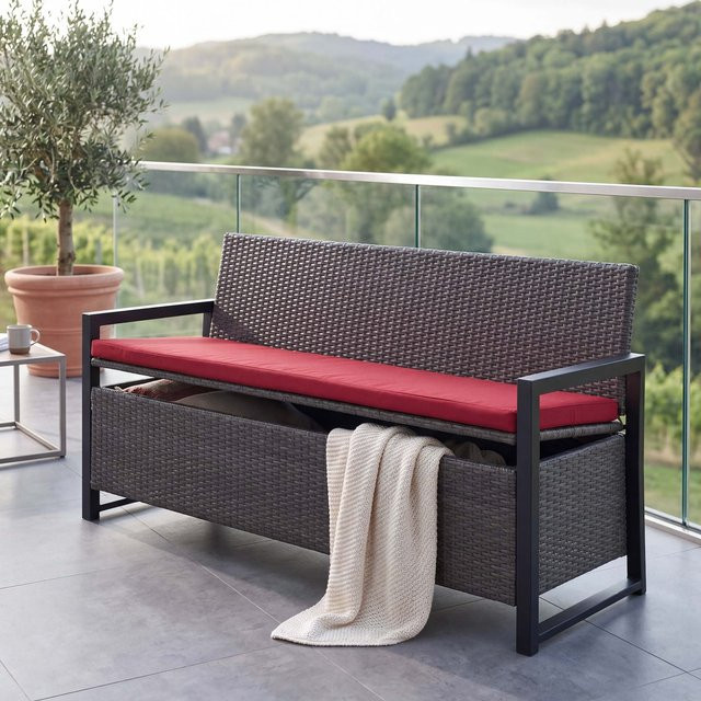 MCW 3er Poly-Rattan Gartenbank als Truhenbank mit Staufach und Sitzkissen, Grau mit bordeauxfarbenen Kissen - Bild 1