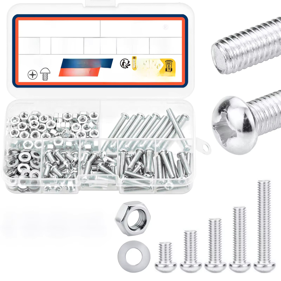SANJODS Sortimentsset mit M2 M3 M4 Schrauben, Bolzen, Muttern und flachen Unterlegscheiben in Silber für 3D-Drucker und DIY-Projekte - Bild 1