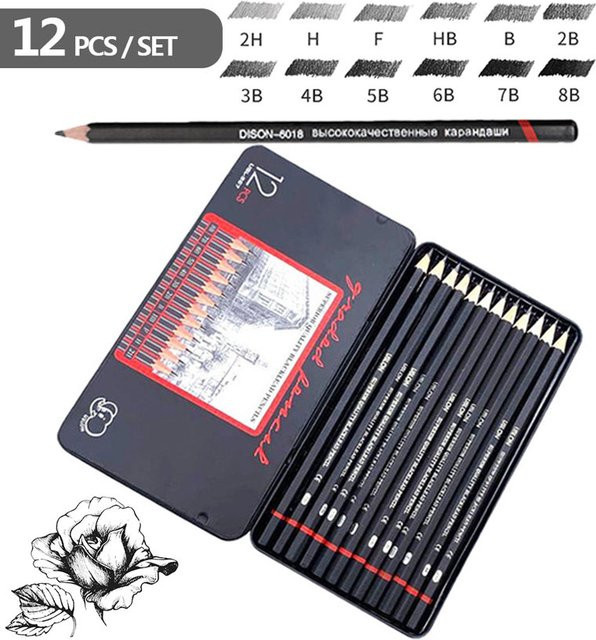 Dot Ding 12er Set Holzbleistifte für Schule und Zeichnen, Graphitstifte in den Härtegraden 2H-8B, Schwarz - Bild 1