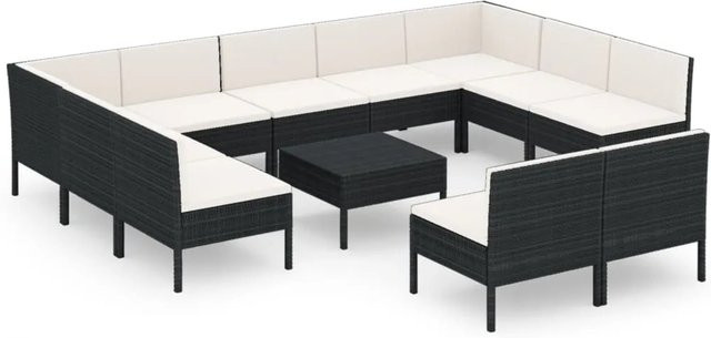 vidaXL 12-tlg. Garten-Lounge-Set in U-Form aus Poly-Rattan mit Auflagen und Tisch, Schwarz - Bild 1