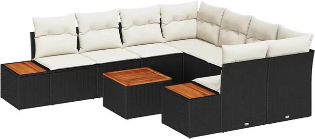 vidaXL Garten-Sofa-Set aus Polyrattan in Schwarz mit 9-teiligem Set inklusive Kissen und Couchtisch - Bild 1