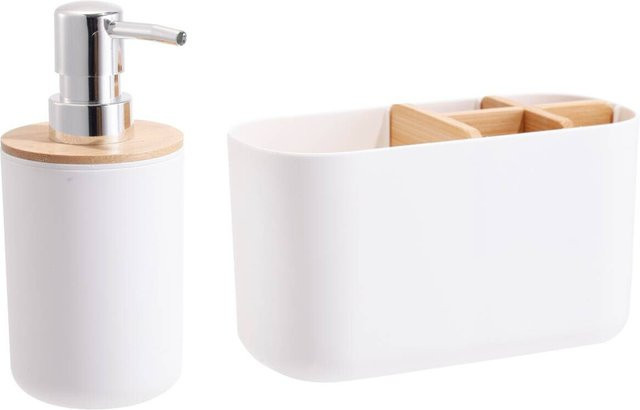 Sensation Badezimmer-Set aus Bambus und Kunststoff in Weiß mit Seifenspender und Becher - Bild 1