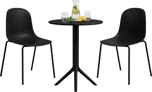 CLP Gartenmöbel-Set Torin in Schwarz, wetterfeste Sitzgruppe aus pulverbeschichtetem Stahl mit 2 Stapelstühlen und rundem Tisch, Durchmesser: 60 cm - Bild 1