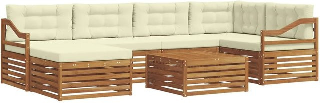 vidaXL Outdoor-Sofagarnitur 7-teilig aus Massivholz in Natur und Creme mit Polsterkissen und Armlehnen - Bild 1